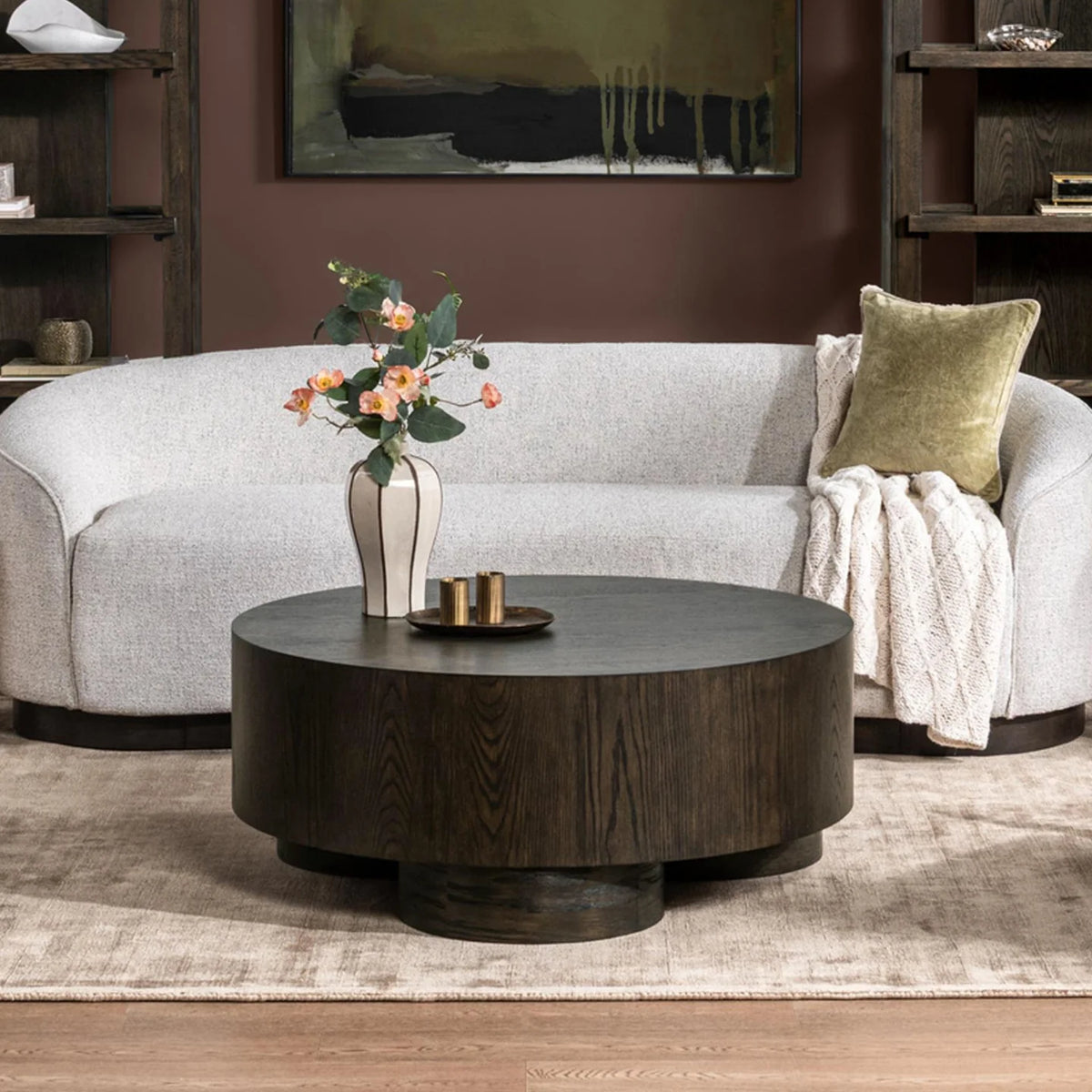oak round brown coffee table

