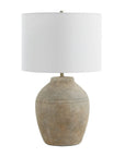 earth toned round table lamp with white shade